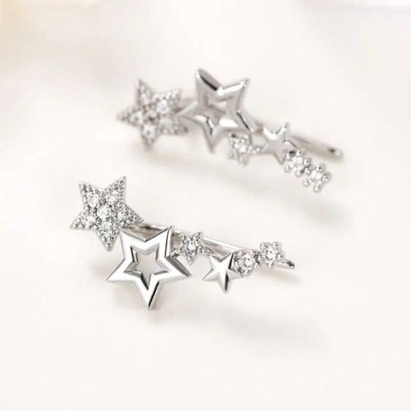 DIAMOND STAR EAR CRAWLER EAR JACKET EAR HUGGER EARRINGS - Picture 2 of 4